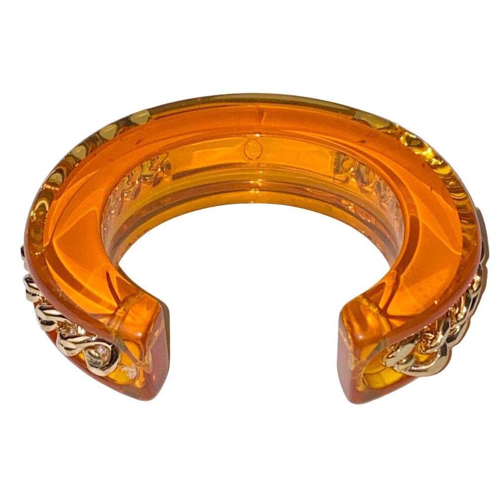 AUTH VTG Christian Dior Orange Lucite Gold Chain Nameplate Logo Cuff Bracelet - Picture 9 of 15